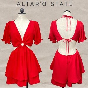Altar’d State Red Romper Jumpsuit Ruffle Hems Puff Sleeves Backless Ring Hole L